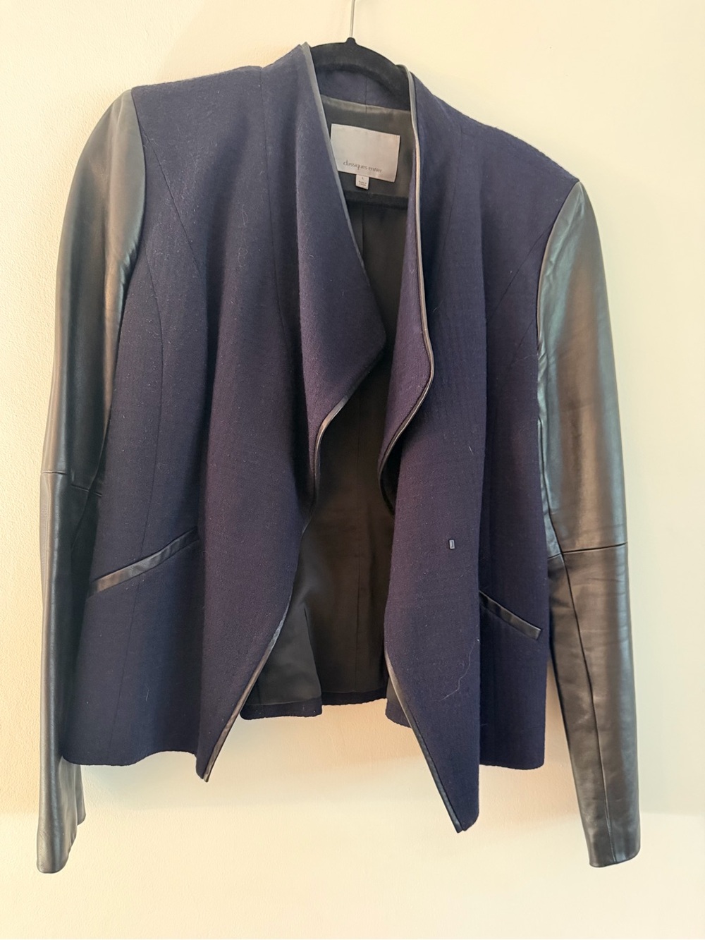 Classiques Entier Navy Wool Jacket with Black Leather Sleeves